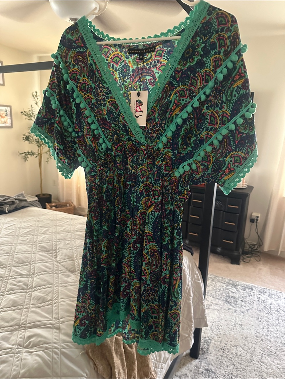 Green Paisley Mini Dress with Pom-Pom Trim